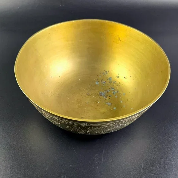Antique Chinese Brass Bowl – 10 Diameter – Etched – Dragon and Phoenix Design